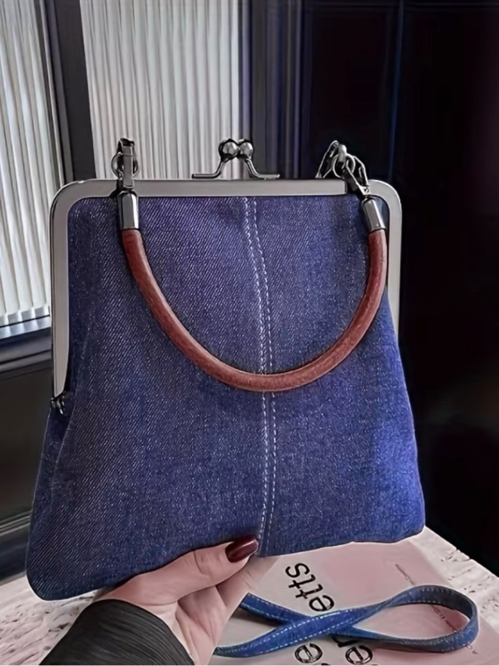 Classic Denim Frame-Top Handbag with Brown Handle ~by GECKO